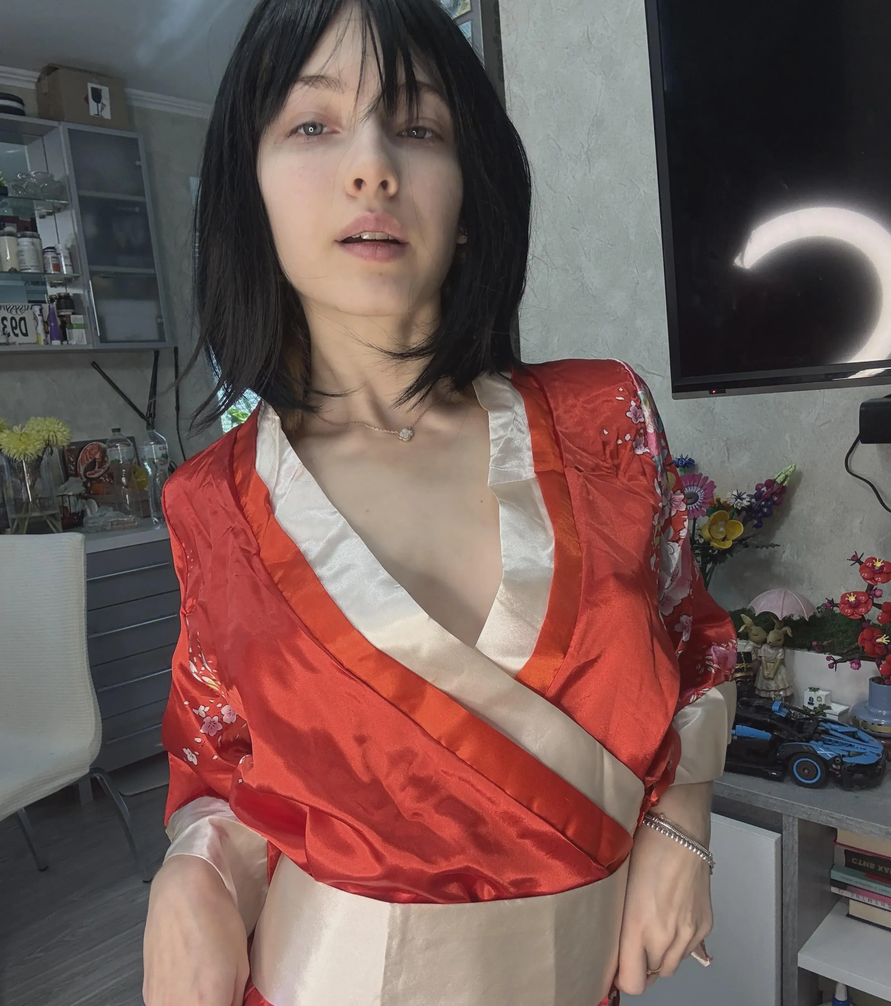 Just me, my bob, and this fiery red robe stealing the show