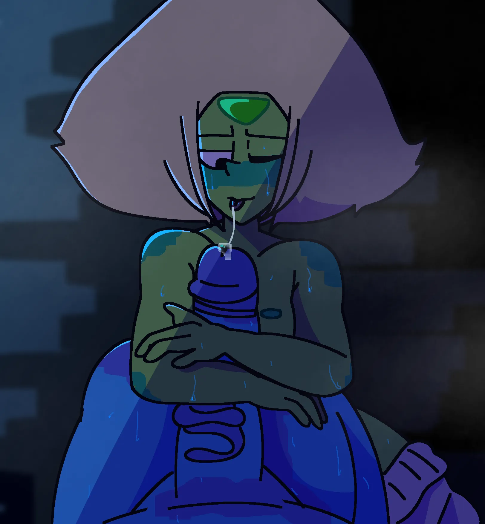 Peridot using her flat chest to pleasure Lapis's massive girthy member (drawinecchi)