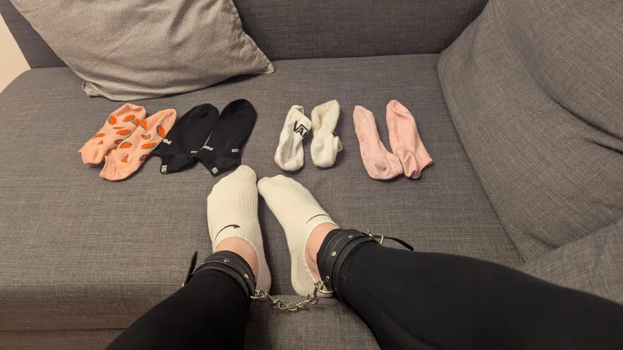 Can't decide which sock to put in as a gag in selfbondage today. Please help me