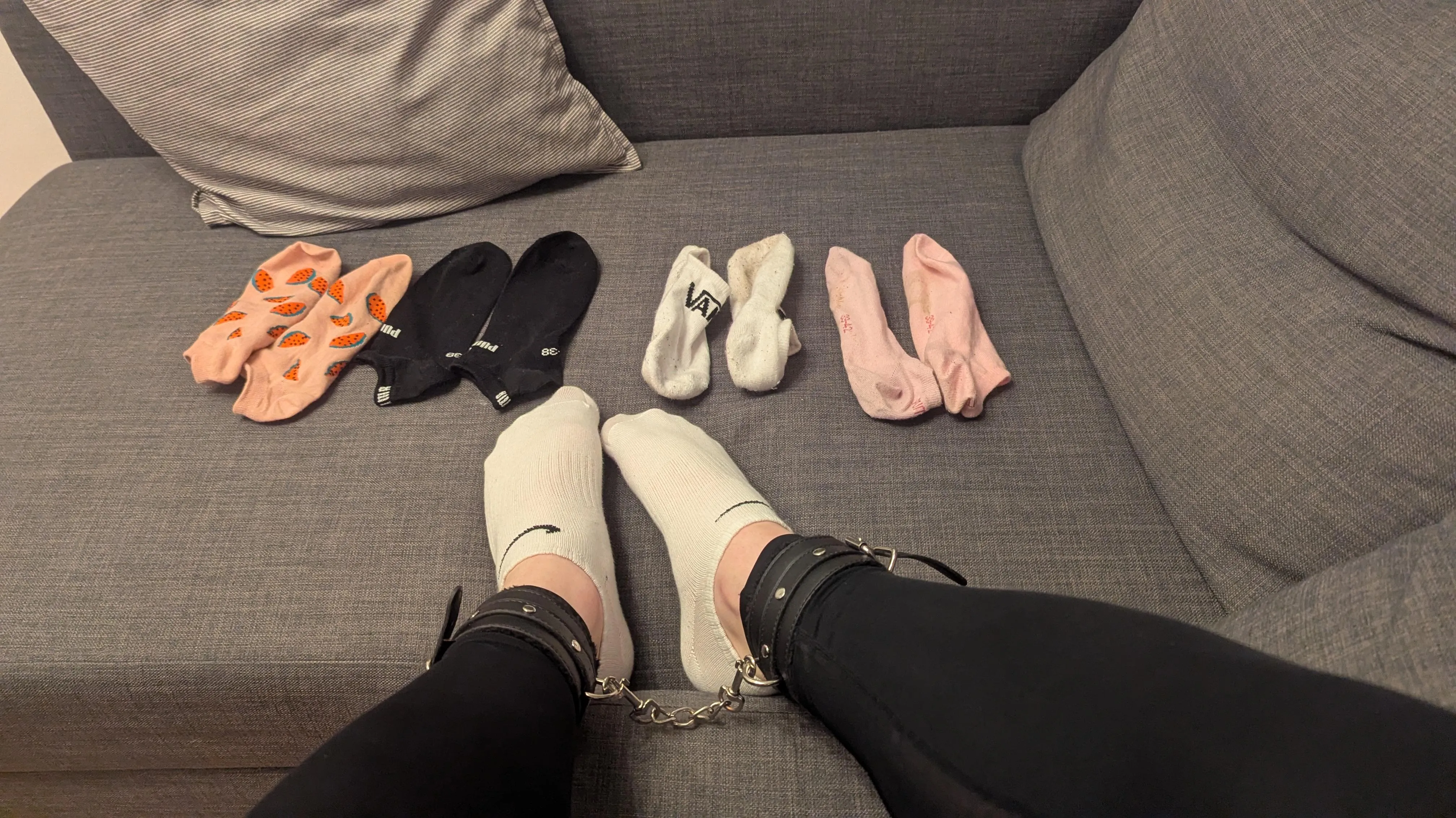 Can't decide which sock to put in as a gag in selfbondage today. Please help me