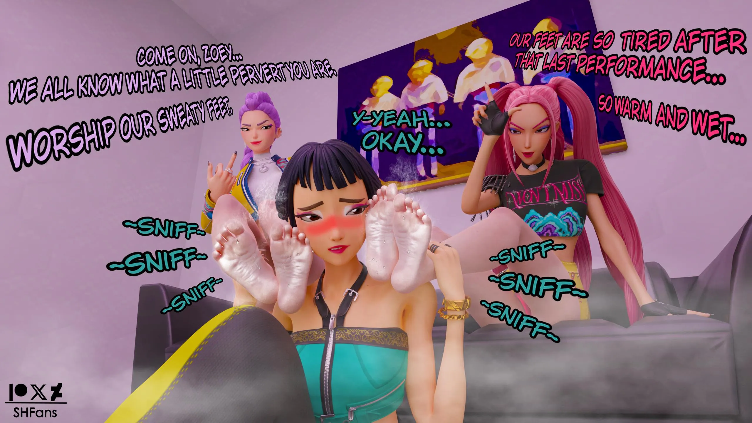 Huntrix group like to relax with each other [Feet] [KPOP Demon Hunters] [Foot Fetish] [Sweat] [Smell] [Musk] [Feet Worship] [Femdom] [Pantyhose] [Socks] [Comic] [Smother] [Street Fighter] (Artist: SHFans)