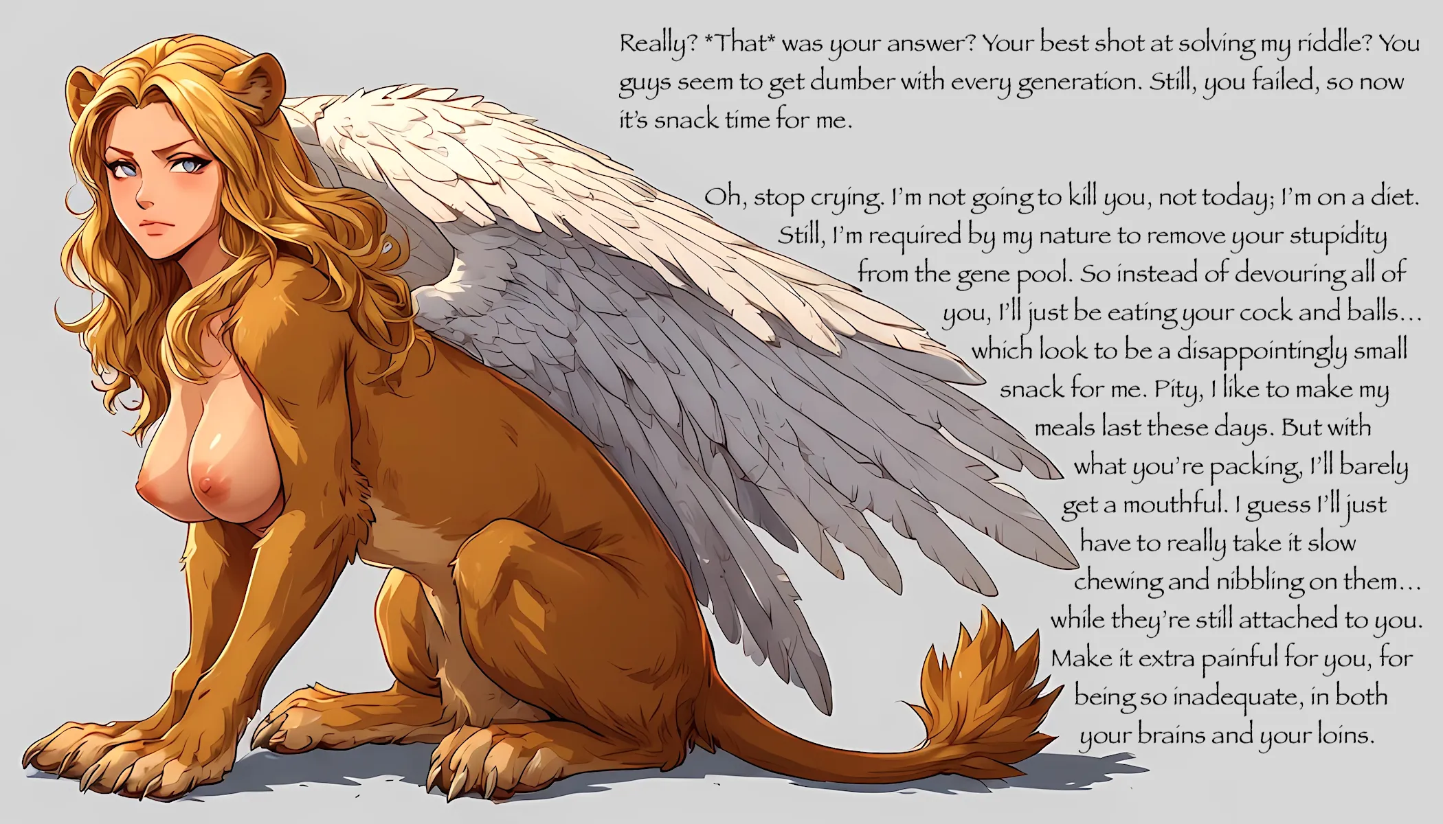 The Sphinx is not impressed [Female Monster][Greek Myth][AI Image] (punishment81 on ImageFap)