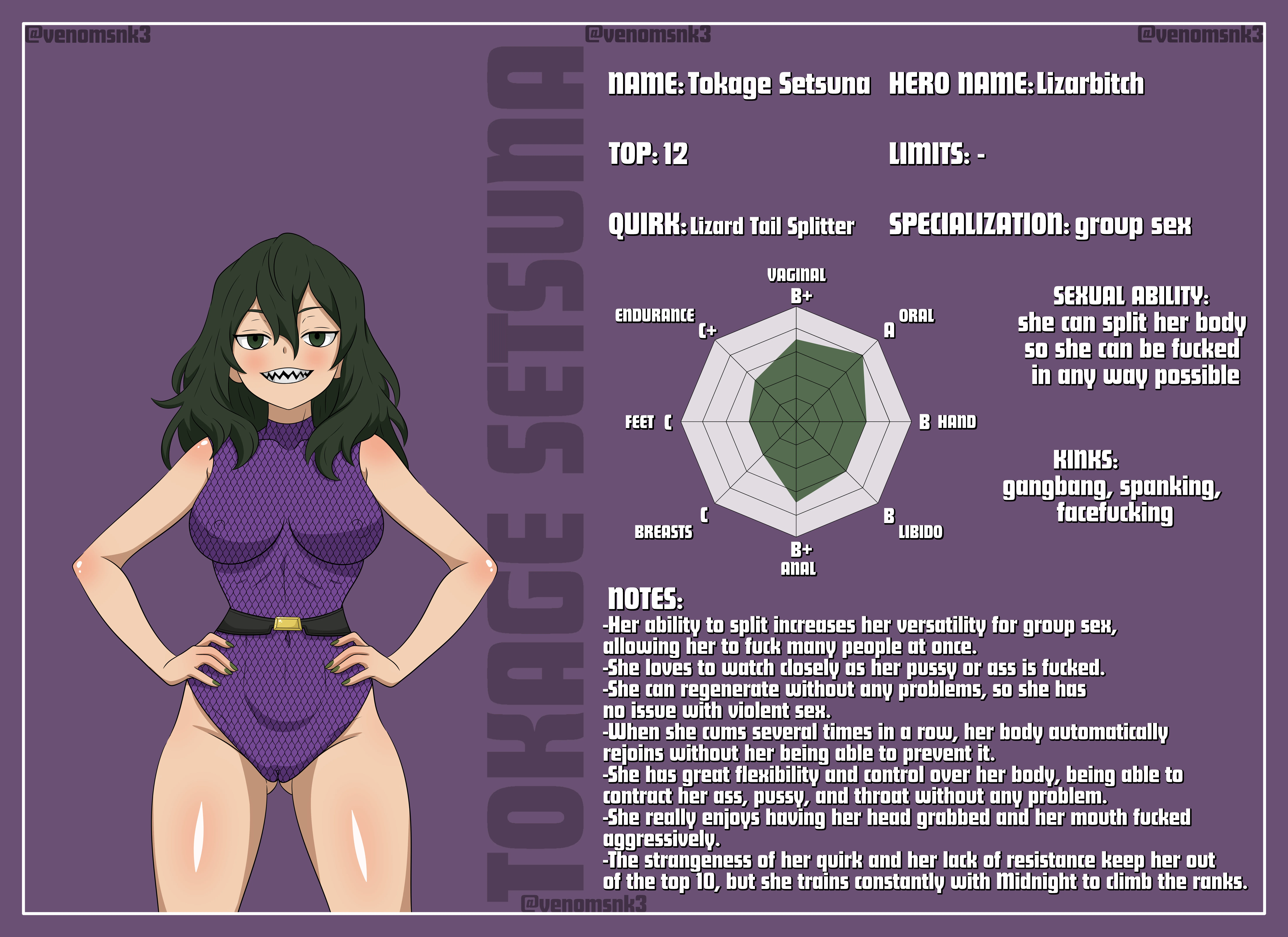 Hey! New My slutty hero character sheet! Sorry for the delay! We'll continue with Tokage Setsuna! (VenomSnk3)