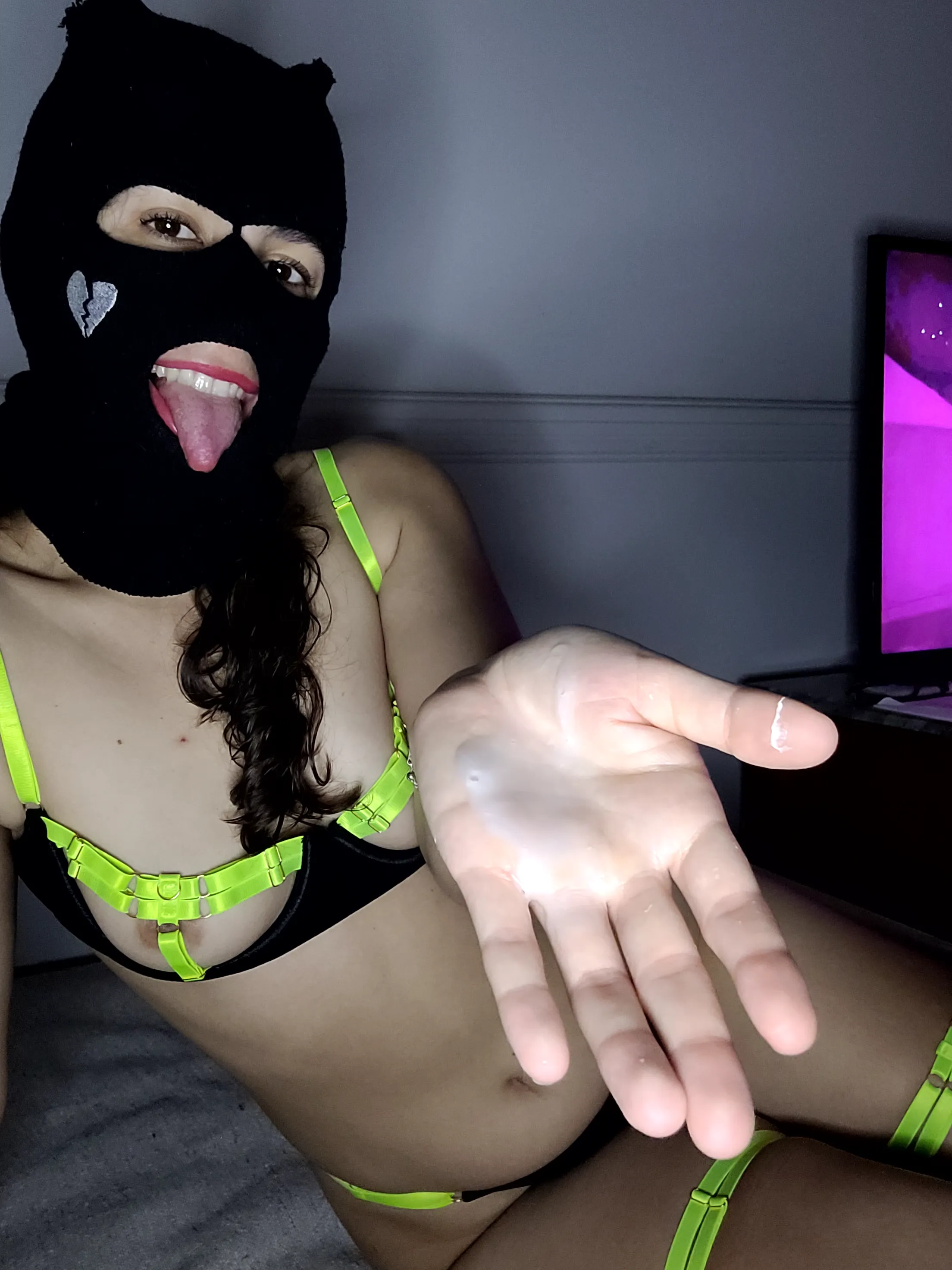 To prove your loyalty to me, you have to lick the semen from my hand.