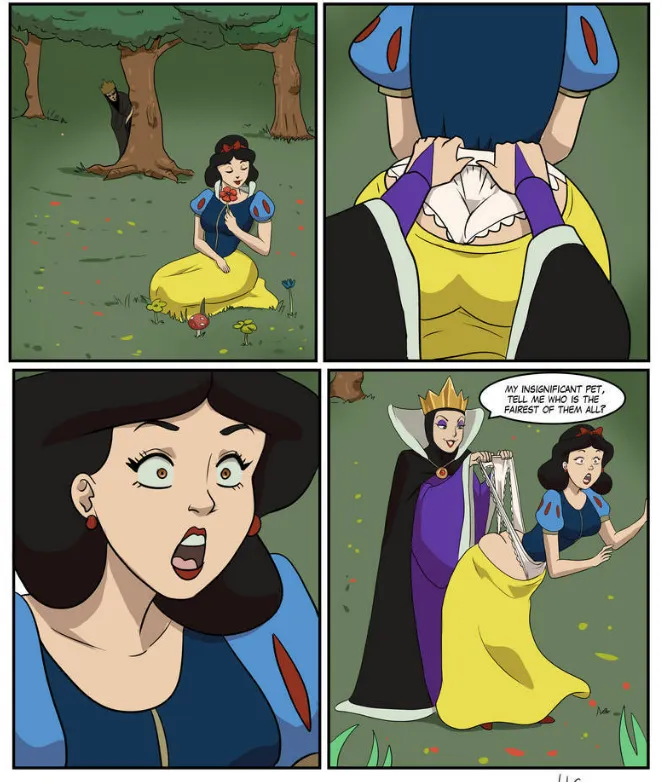 Snow White suffers a surprise wedgie to her white panties from the Evil Queen