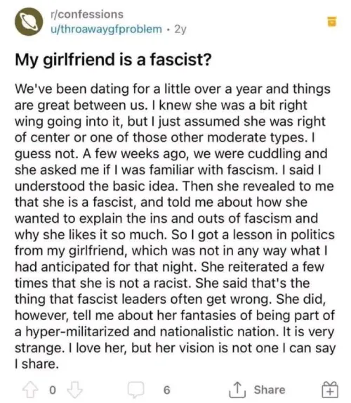 Sounds like he would rather mansplain her politics to her than shut up and listen.