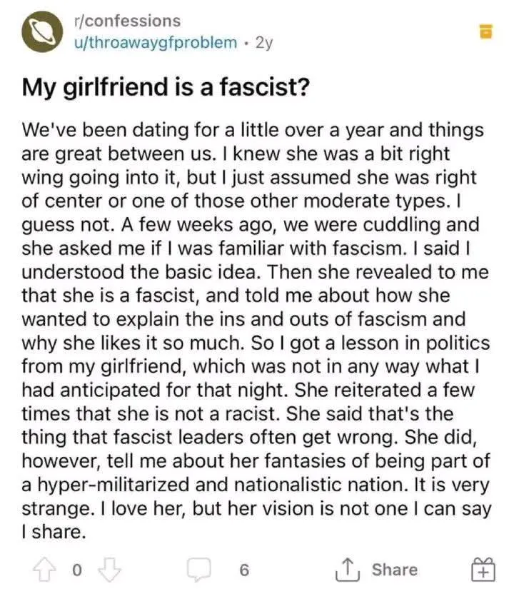 Sounds like he would rather mansplain her politics to her than shut up and listen.