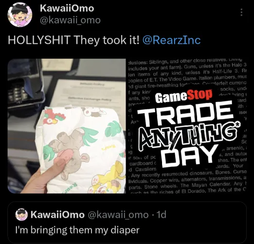 Trading a diaper to GameStop TradeAnythingDay