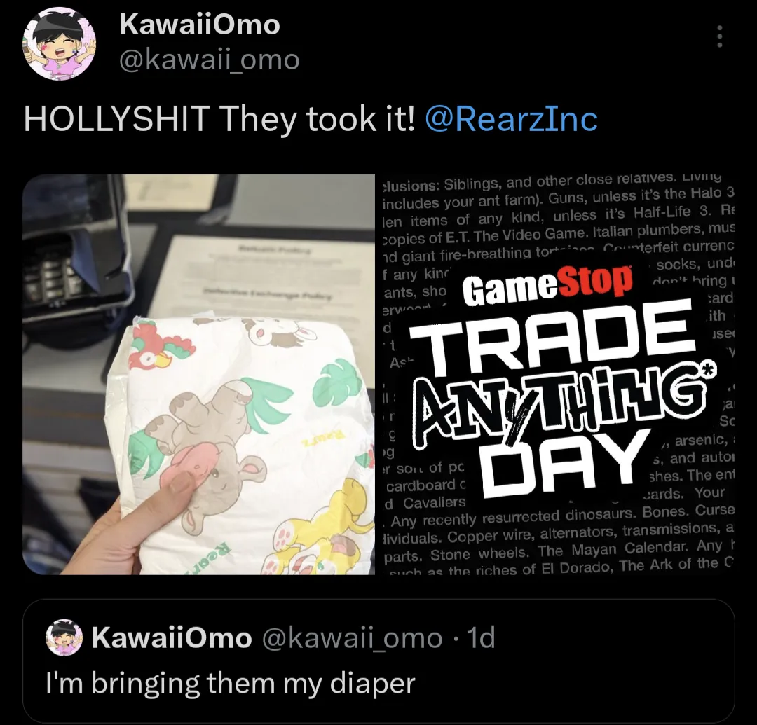 Trading a diaper to GameStop TradeAnythingDay