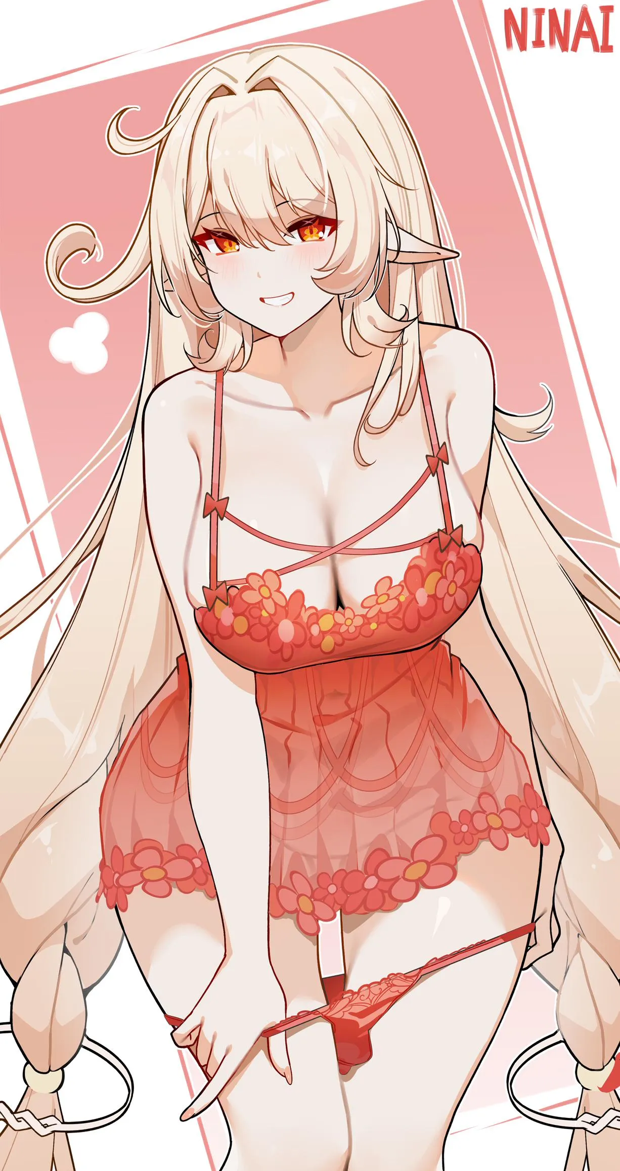 Alice in sexy nightdress pulling her panties down