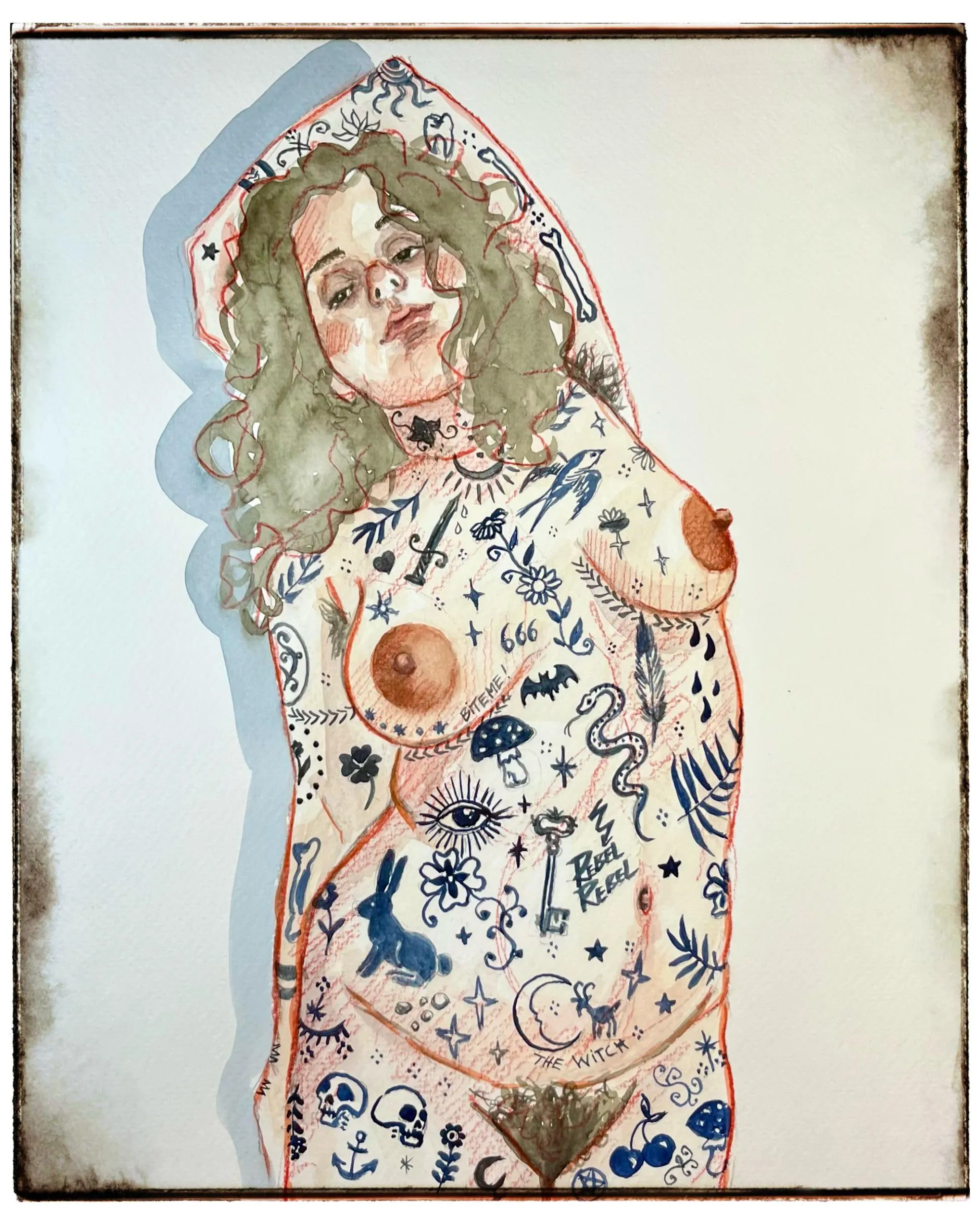 Model: Bernie/ watercolor painting with fantasy tattoos/ by me