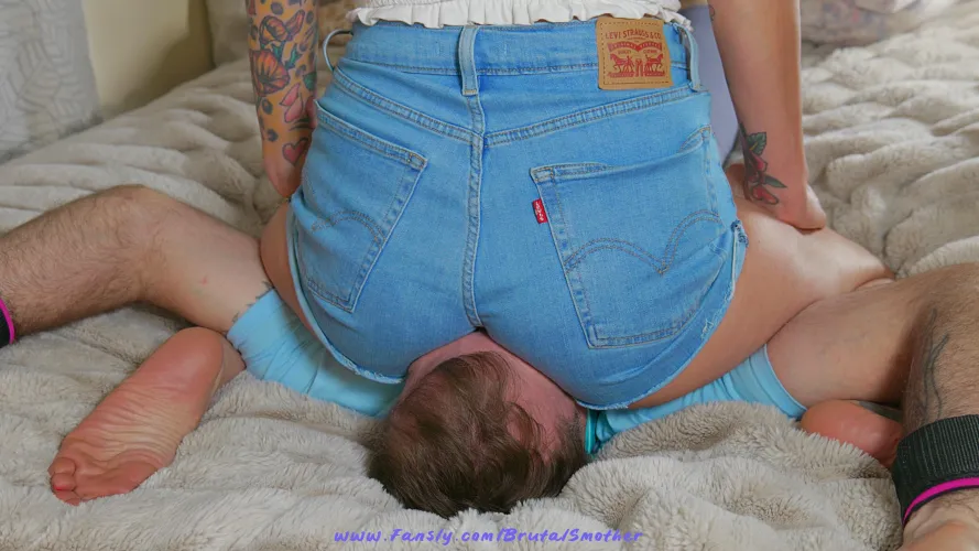 Mouth gagged with tape while he tries to get oxygen from my dirty denim covered ass! 🍑😍
