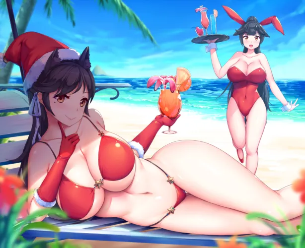 Santa Atago and Bunny Takao at the beach