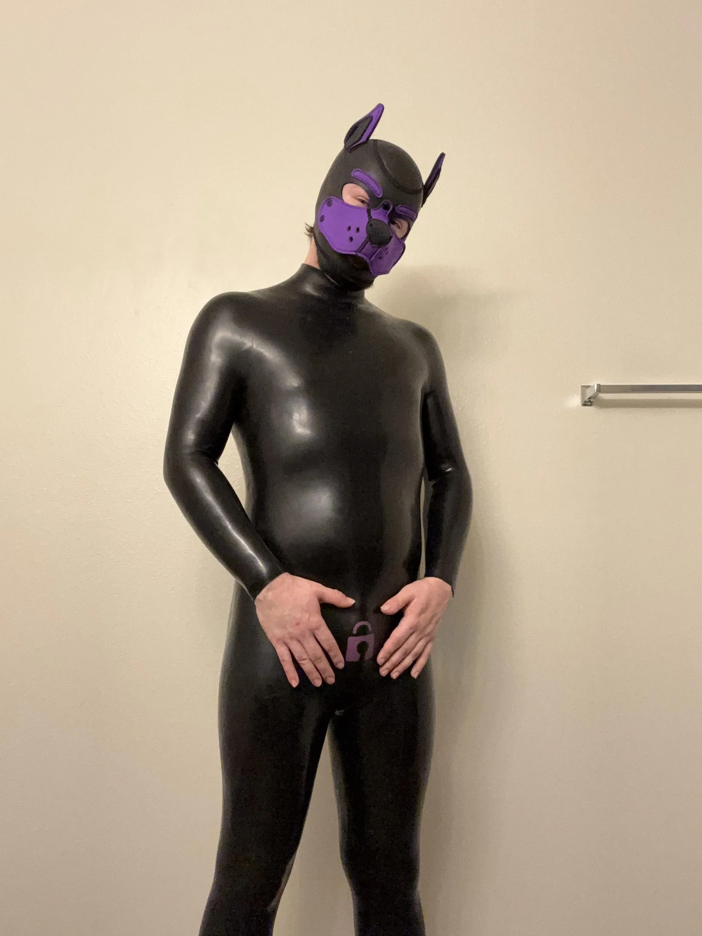 This pup got his first catsuit (silicone from Smitizen) and it feels great! How do I look?