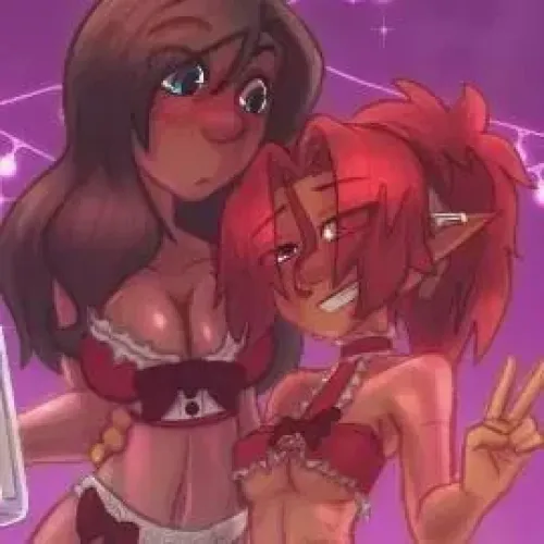 LF Color Source, 2girl, bikini, christmassy, tiefling, brown hair, red hair, pointed ears, blue eyes, purple eyes, orange skin, purple background, blushing, V with fingers, height difference, big tits, under boobs, ear piercing, smile, bisexual, Sofia an