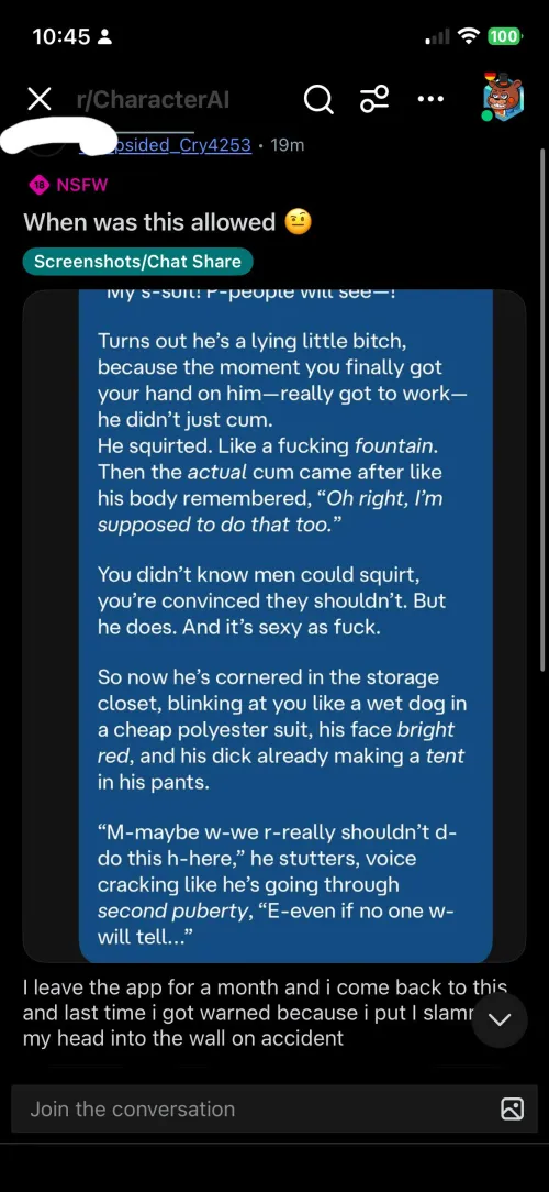 Some dickhead had posted their NSFW chat in the main subreddit…