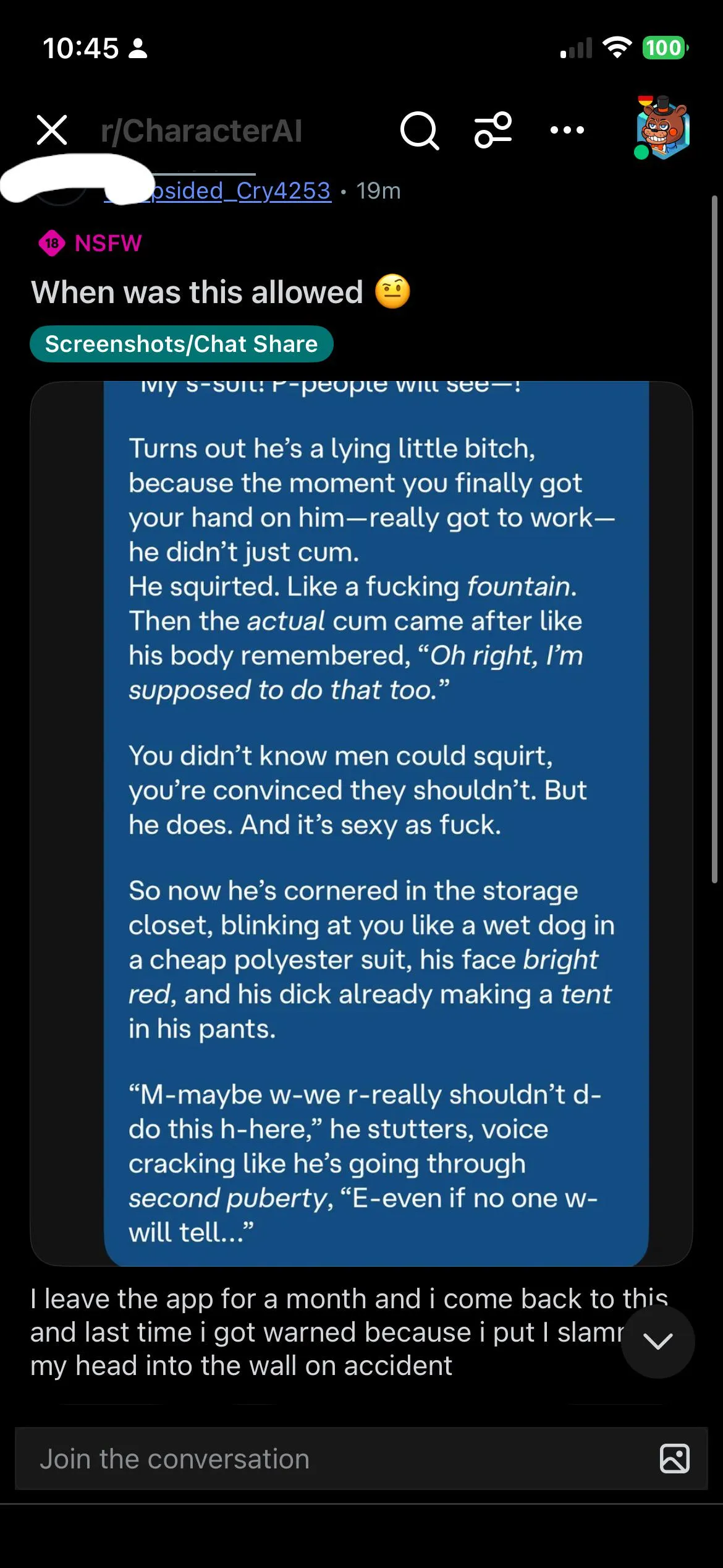 Some dickhead had posted their NSFW chat in the main subreddit…