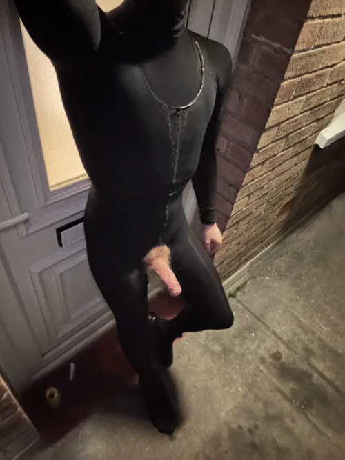 Being outside in a homemade crotchless catsuit made me very hard