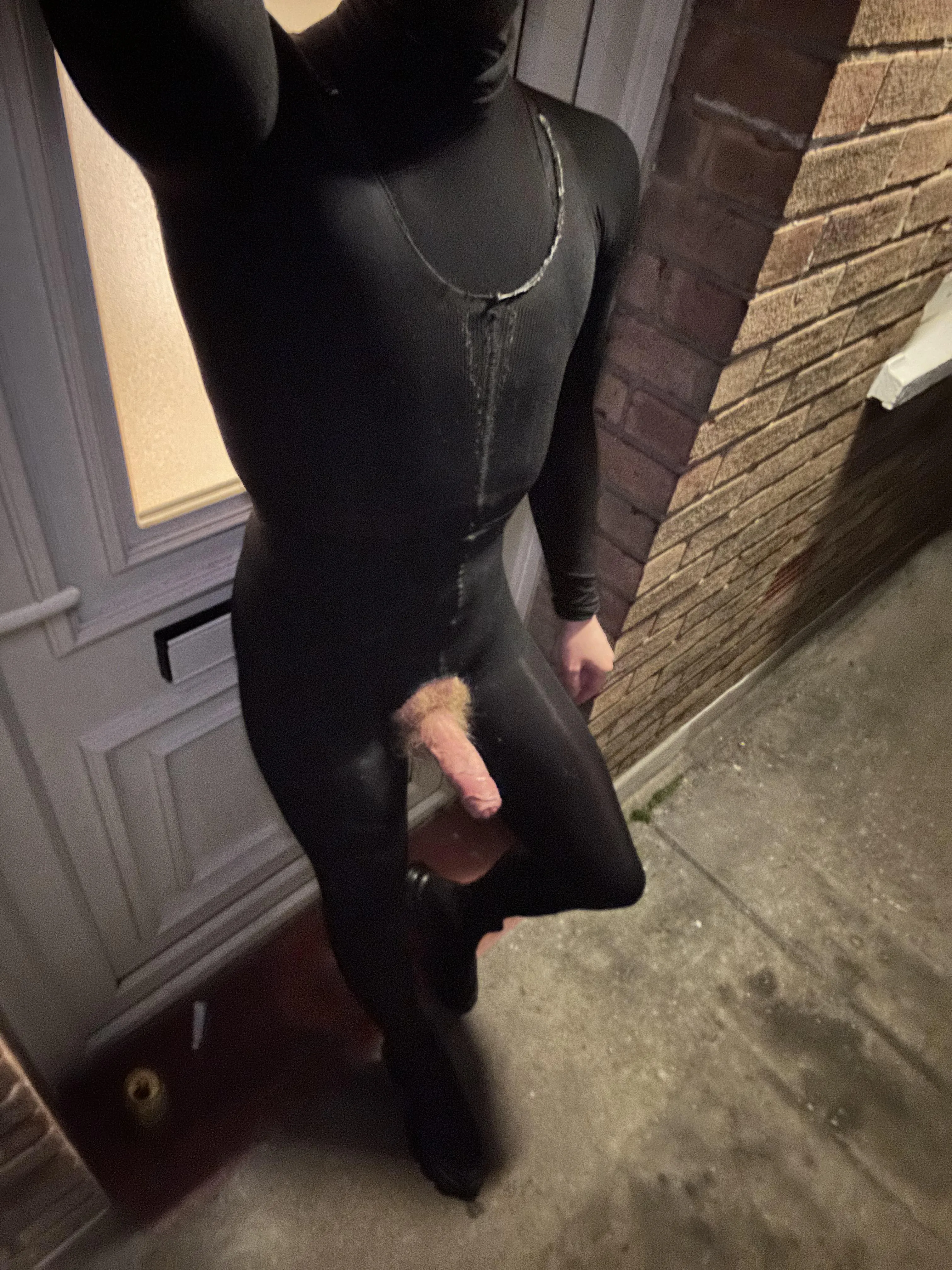 Being outside in a homemade crotchless catsuit made me very hard