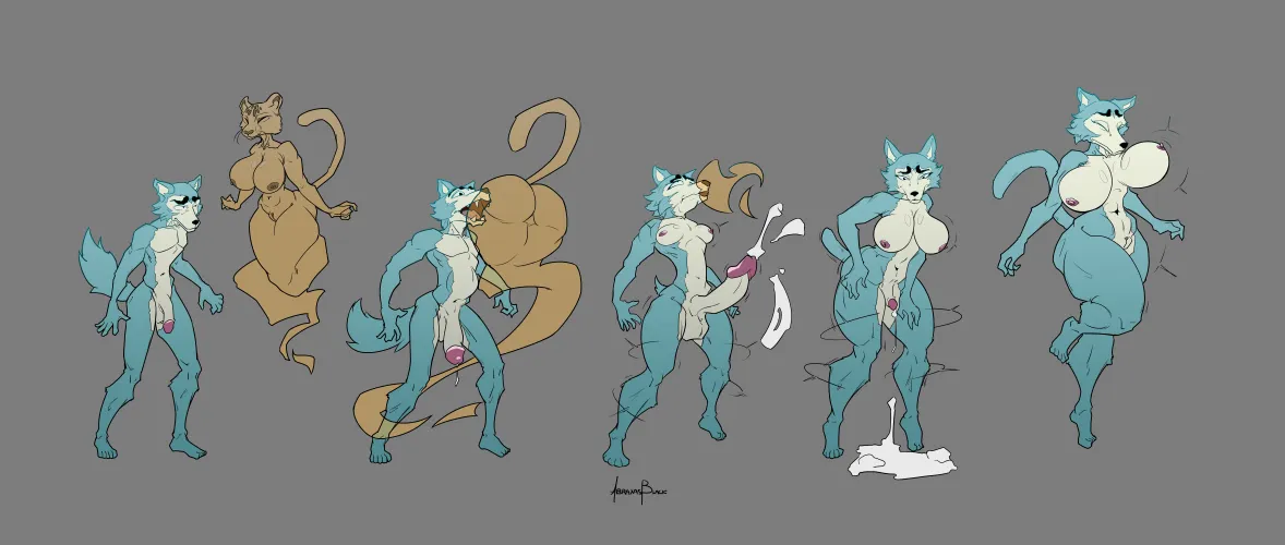 My first attempt at a transformation sequence. Legoshi and Melon's mother from Beastars. [M] [F] (Art by me).