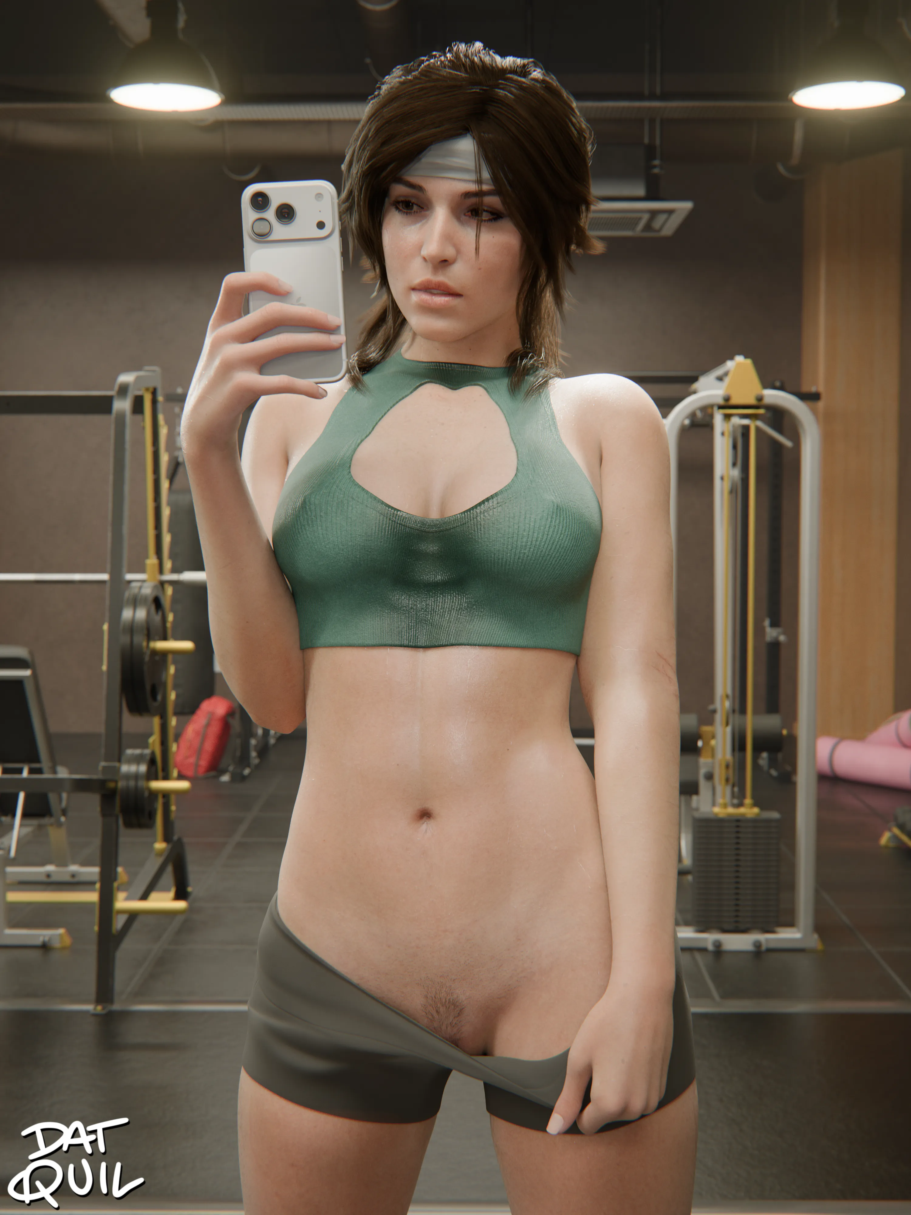 Lara taking a selfie in her gym (quil)