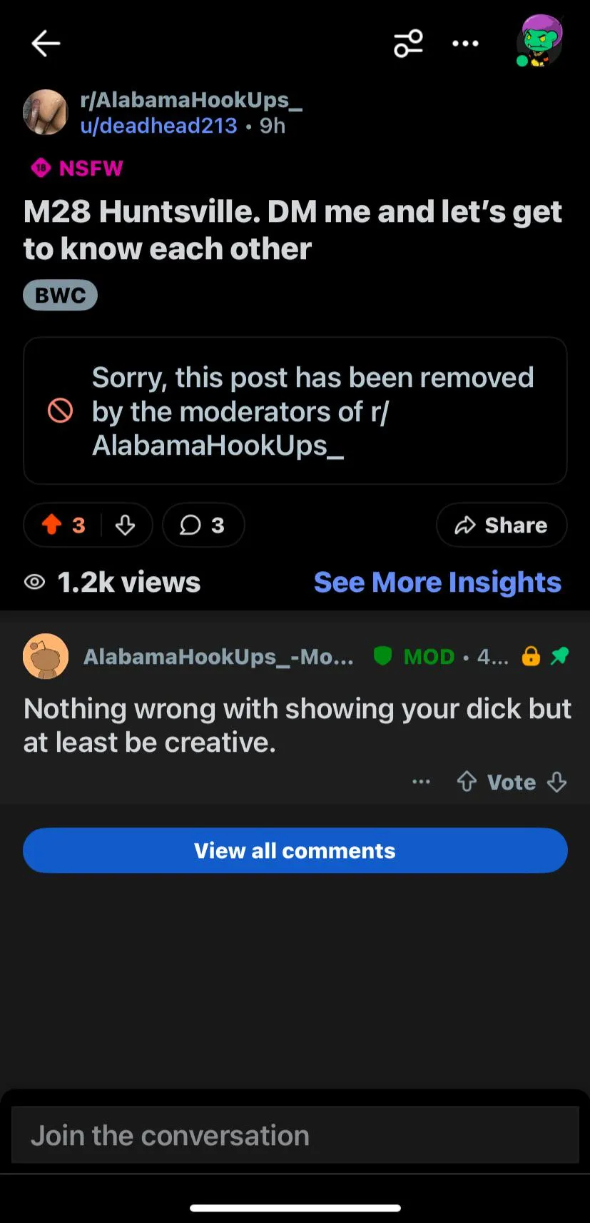 I posted a nude picture. The mod deleted it and said be more creative. What gives? Am I supposed to do a handstand while spreading my ass cheeks?