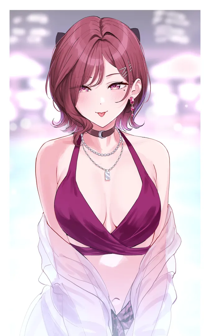 Sticking her tongue out