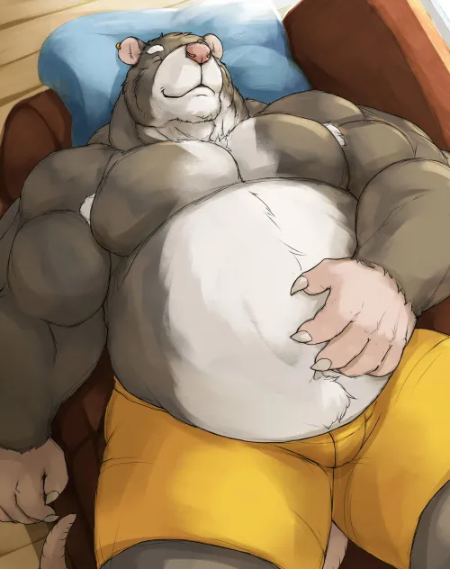 There’s something charming about seeing naturally small animals as large pudgy huggable guys... So, here is a big pudgy rat enjoying a rest and dreaming of cheese... Looks like he's talking up the whole couch, so I'll just snuggle on top of his belly