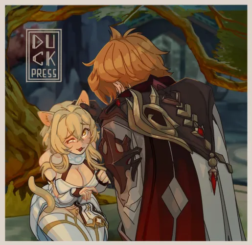 Childe petting cat-girl Lumine