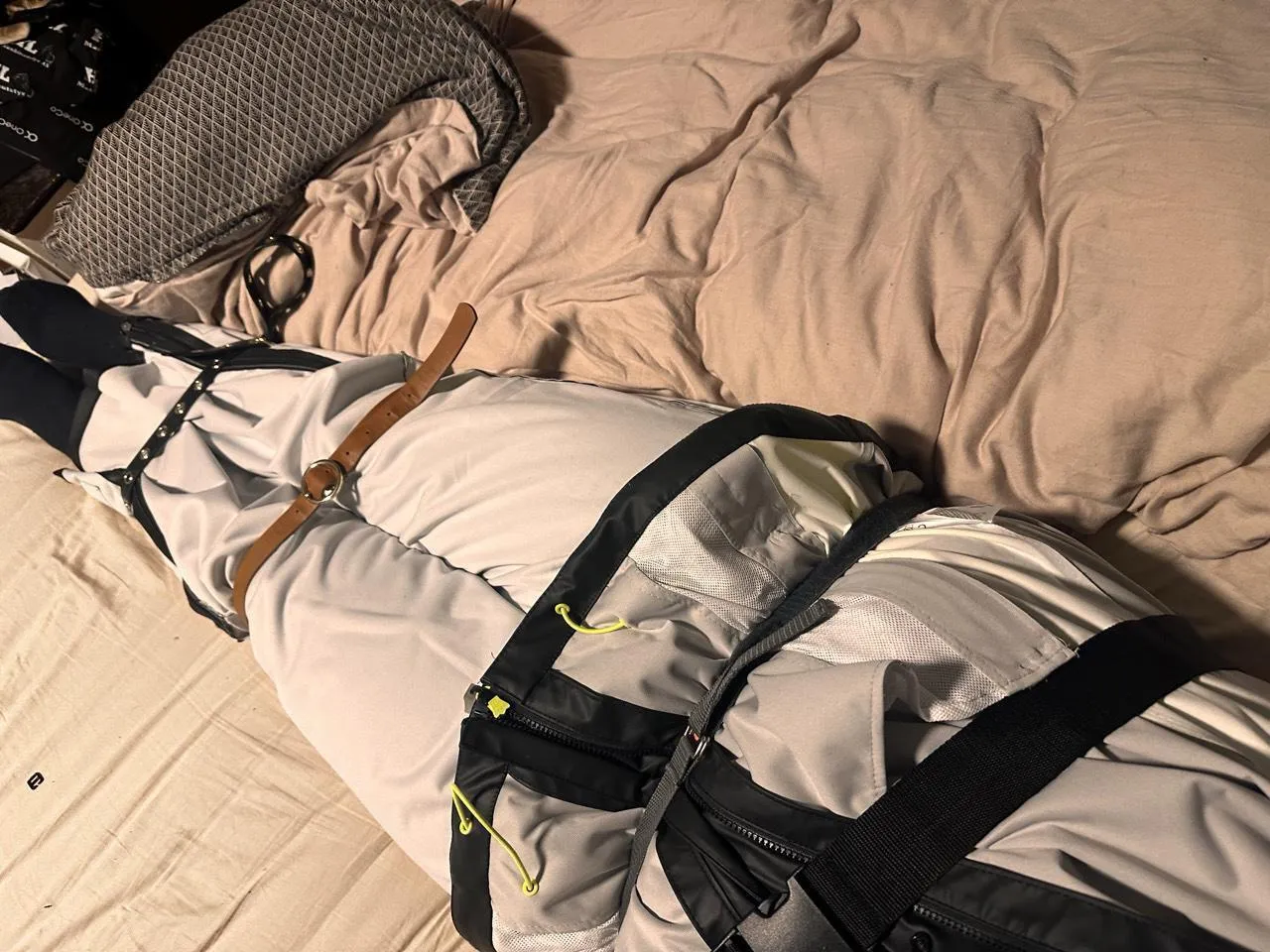 Did some selfbondage in rainwear and a swimsuit