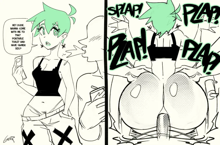 Gamer sex in a portable toilet