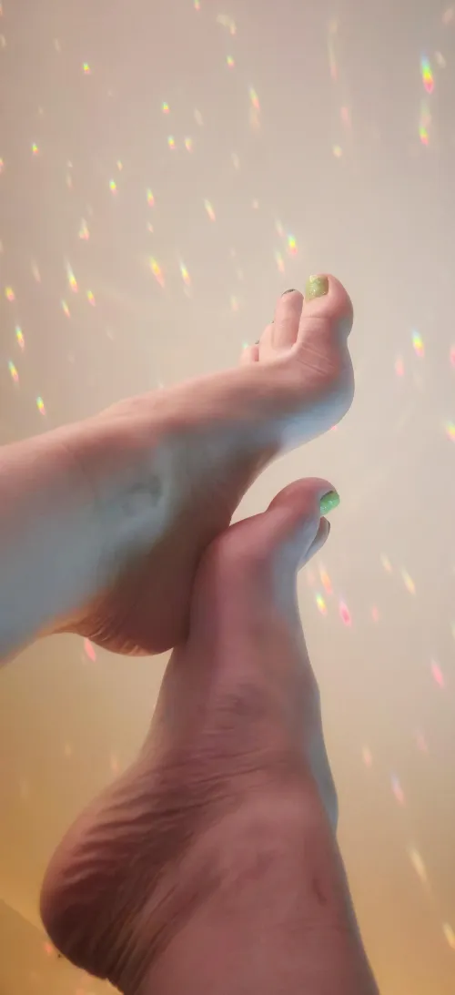 Rainbow prism glow on bratty toes. Celestial sparkles, worship my whimsy! 