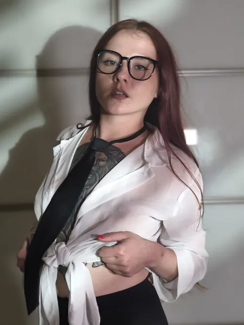 Shirt sheer, nipples poke hard for raw desk creampie.