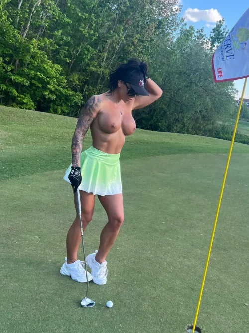 Golfing topless with the guys after losing a bet , now the winner gets an extra hole or two with me ...