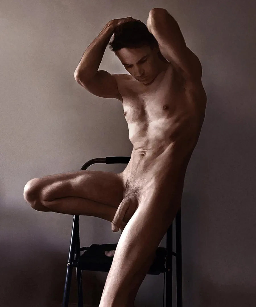 Naked on a stepladder