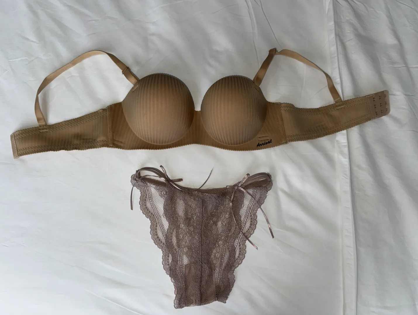On a holiday in Asia and I booked an escort. Brought her out to dinner, had multiple rounds of sex, and she’s in the shower now. This is her bra (36C) and her panties (size XS).