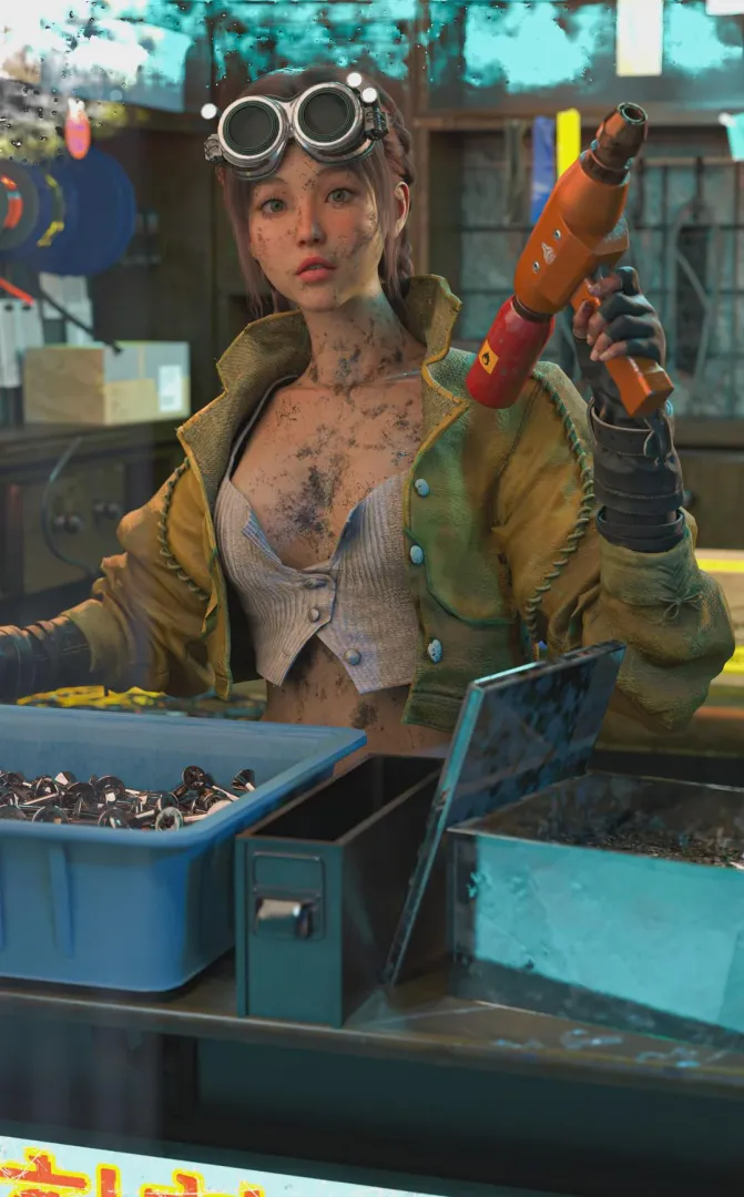 This is the grease monkey in my cyberpunk game! Bang or pass? [TheColorPink by BajieStudios]