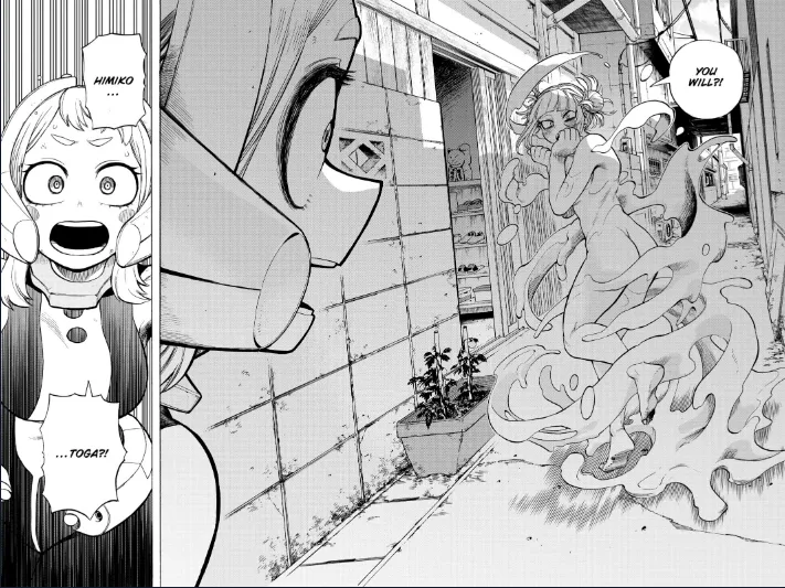 Himiko Toga with her huge naked butt in full view of Ochako, real panel from manga number 288 of My Hero Academia