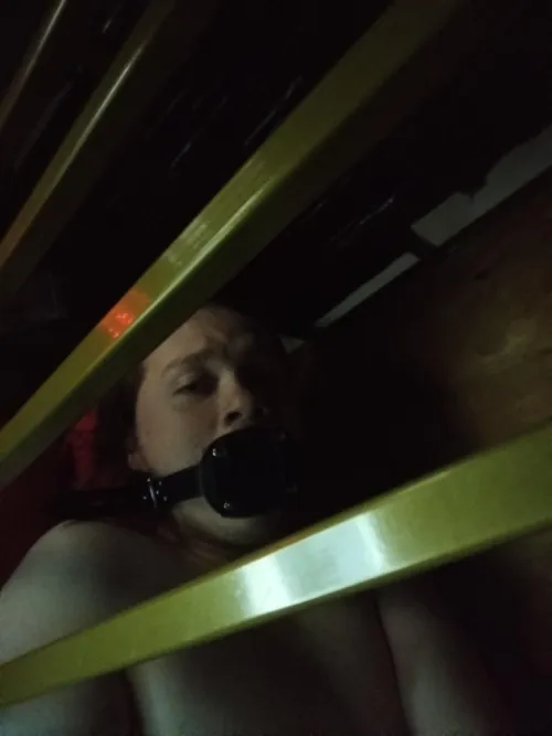 in the cage, dildo gag touching the back of my throat. in pain, exhausted. abandoned while humans go to sleep on a bed and leave the toy captive in a cage in another, empty room