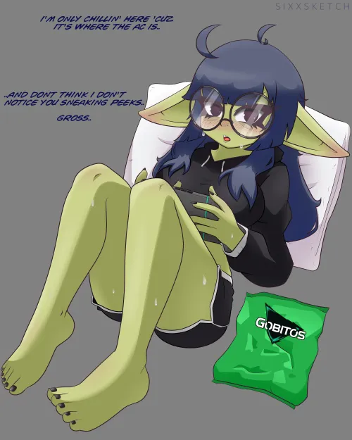 Your Goblin Gamer Girl roomie comes out of her cave to hang with you.