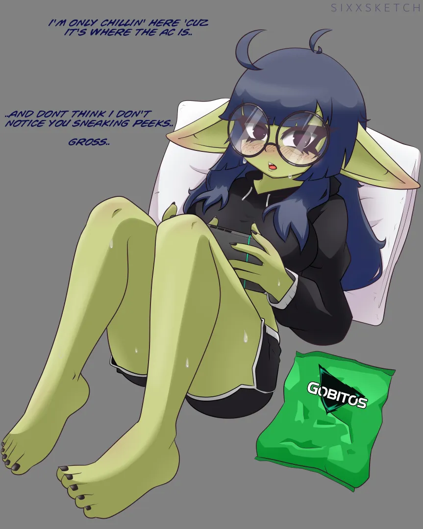 Your Goblin Gamer Girl roomie comes out of her cave to hang with you.