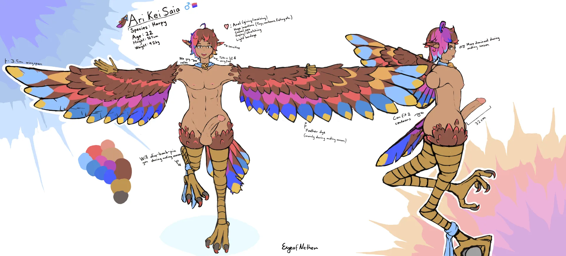 Ref sheet of Ari Kei Saia, a harpy who's quite the size king!