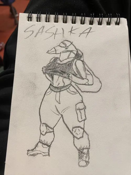 Sketch of Sashka. SU57 [F] By Me.      what do you guys think about it? Should I start making it digital or go back to the sketching stage? (Note some details and etc are wrong cuz well it’s the sketch, not the finished thing)