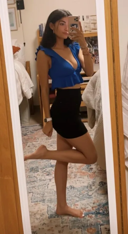 My cleavage is busting out my tight blue top, if you even leak a drop you're gonna be sorry