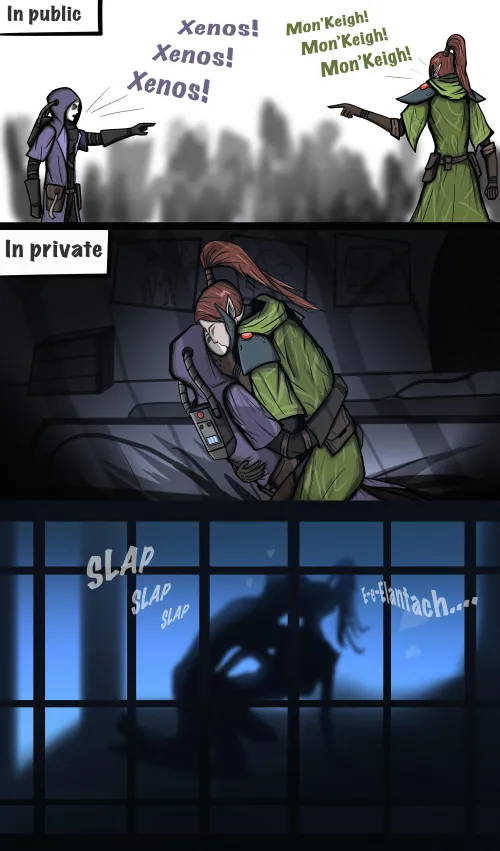 Rogue Trader Garvet von Valancius and Aeldari Ranger Yrliet Lanaevyss bonding activities