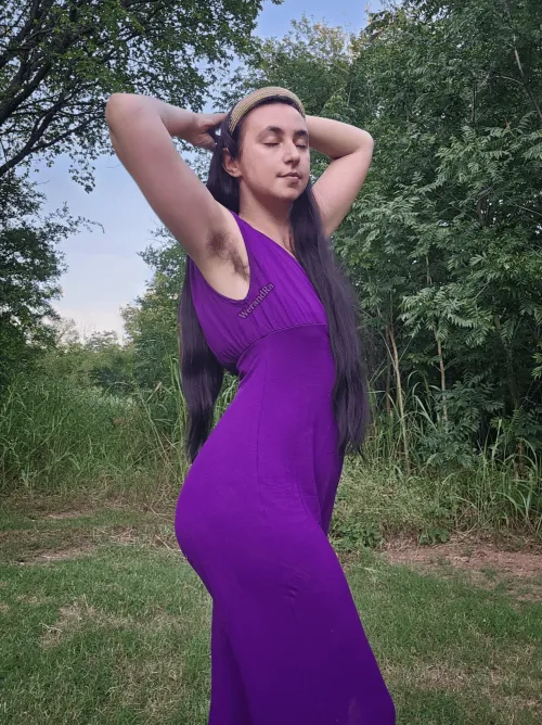 Armpit hair, curves, purple jumpsuit