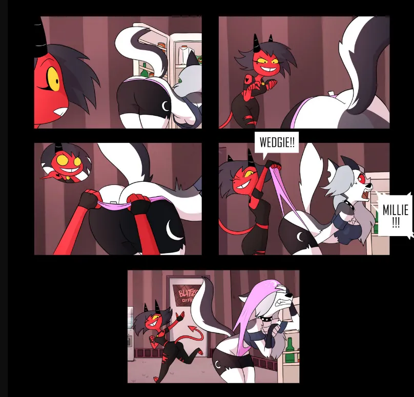 Loona, while looking for food in the refrigerator, doesn't notice that her pink panties are coming off, so Millie decides to play a prank on her by stretching her panties, giving her an 