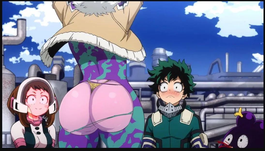 Mina Ashido, incredibly excited for the day, accidentally tears a piece off the back of her hero costume while Ochako, Deku, and Mineta stand admiring the amazing view. If this scene were real, it would beat the original.