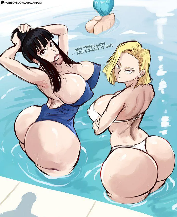 Bulma, Chichi and android 18 are staring at you with there sexy bikini while your cock is hard (arachnart)