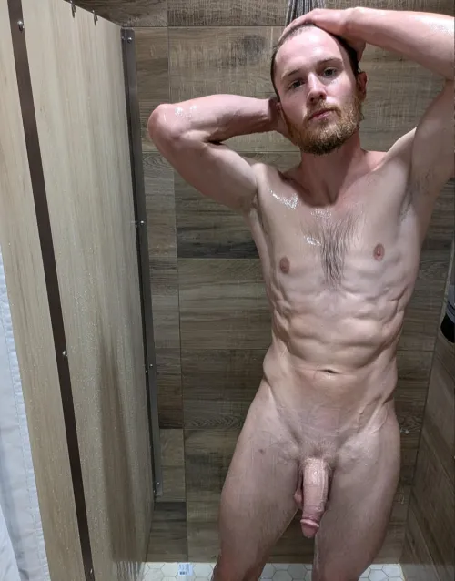 Locker room shower. Left a gap in the curtain for you 